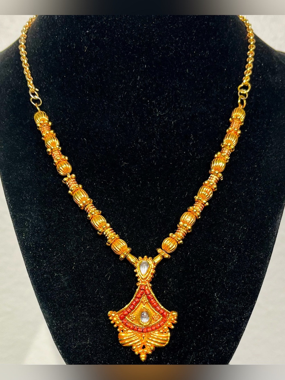Vintage Gold-Tone Red Beaded Pendant Necklace